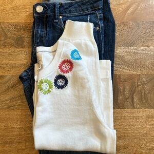 Lands' End White Cardigan with Colorful Embroidery